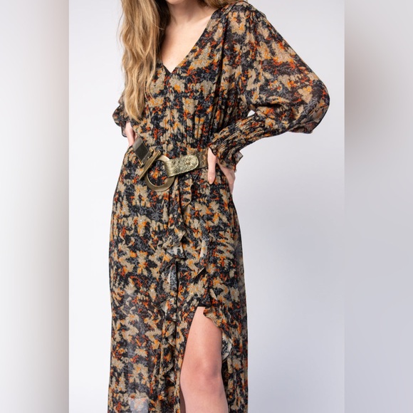 NWT $575 Iro Jorma Ruffled Printed Georgette Midi Dress In Black - Picture 7 of 11